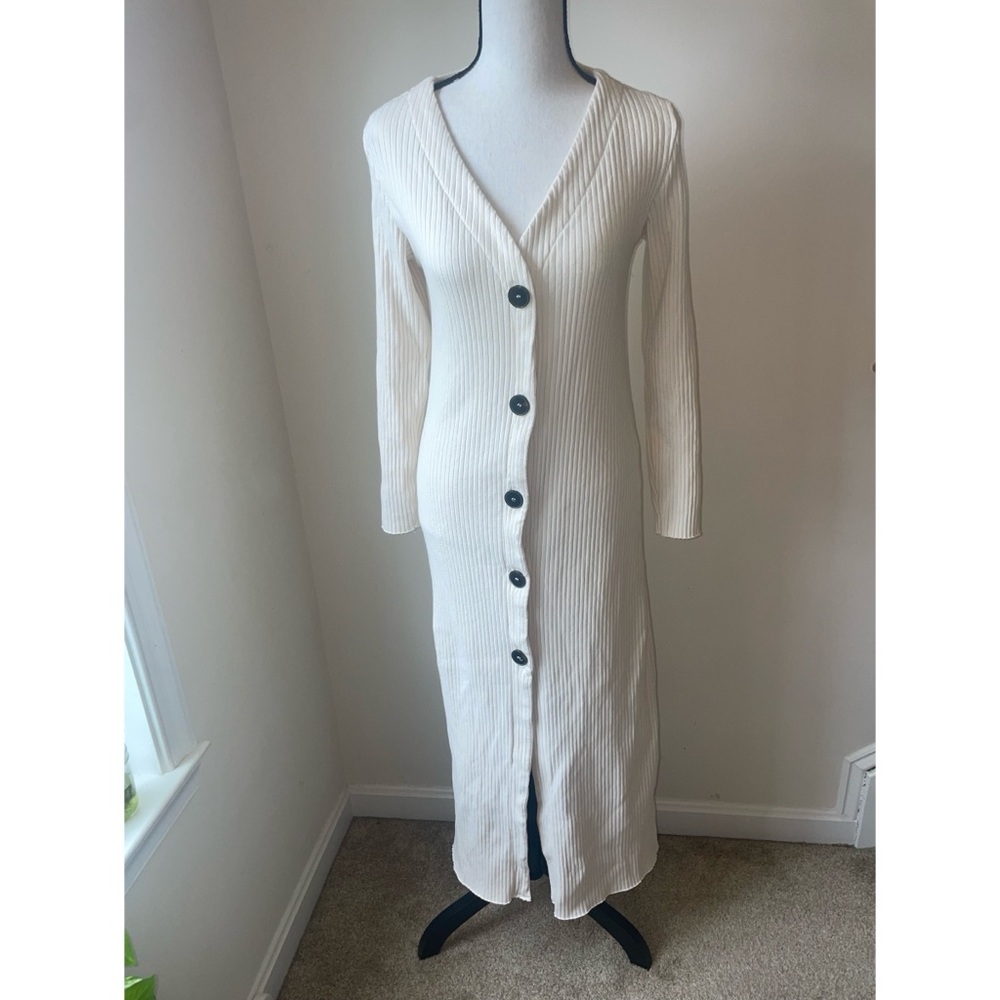 Fordays Cream Buttoned V-Neck Sweater Dress
